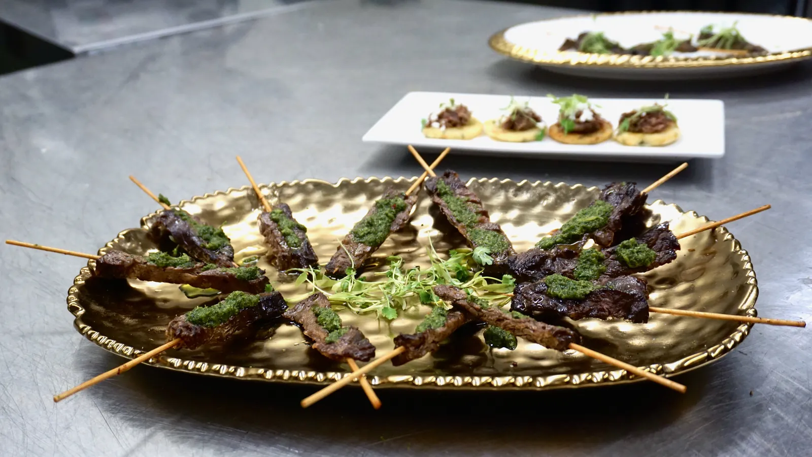 Passed hors d’oeuvres on a serving tray