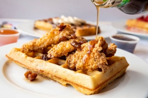 Chicken and waffles at a breakfast catered event